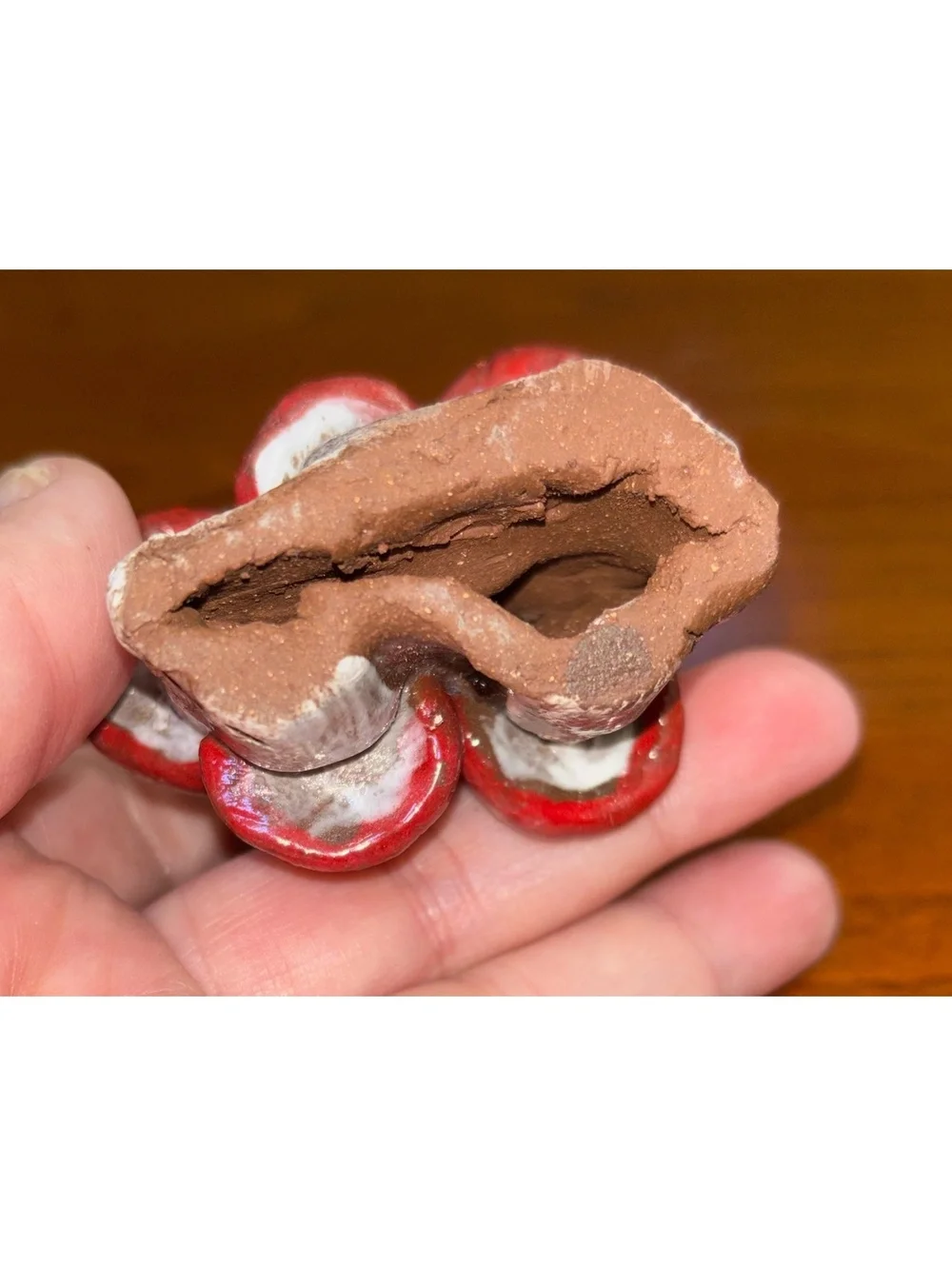 Handmade Folk Art Pottery Blue Bird on Red Mushrooms Figurine Redware